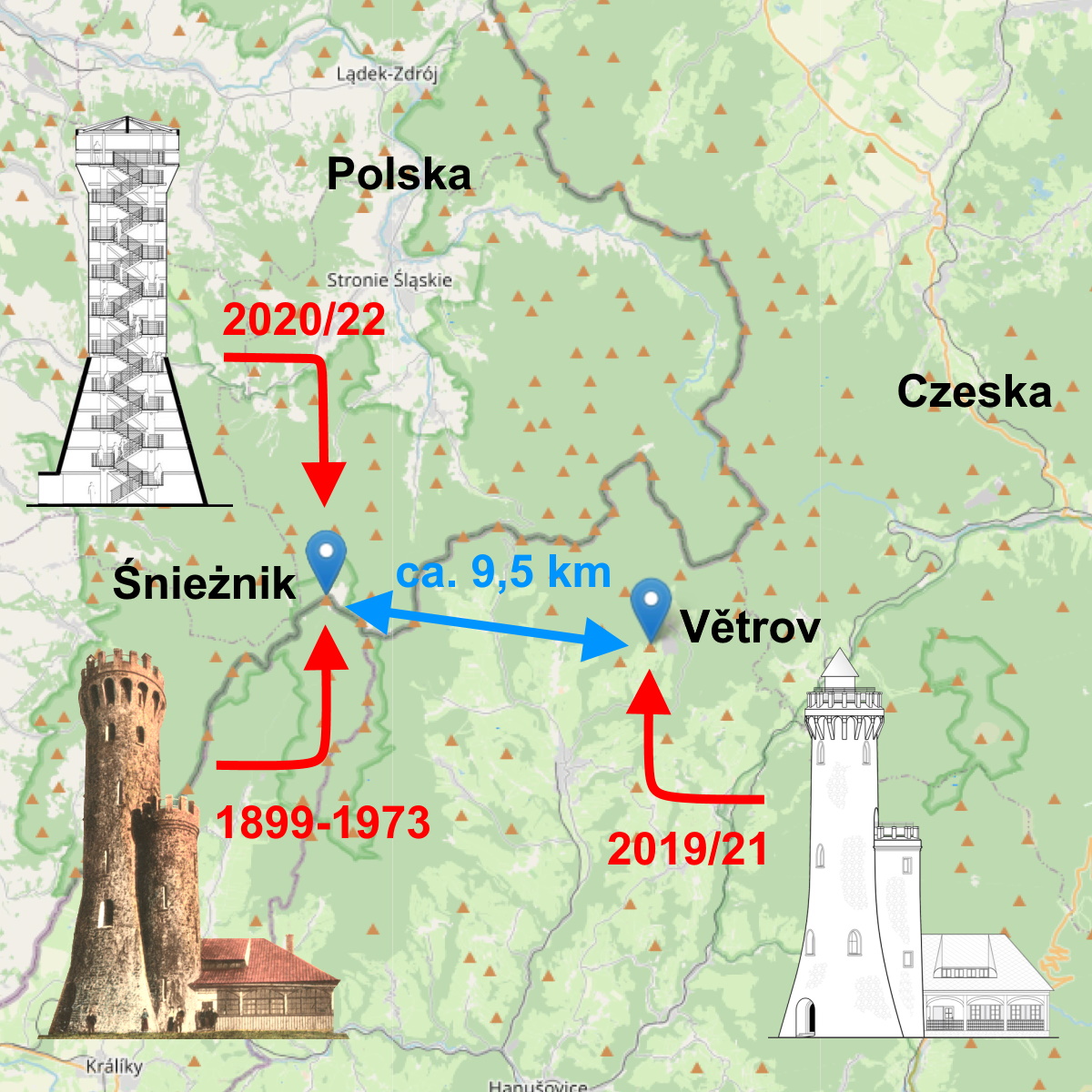 Karten-Grafik mit altem Kasier-Wilhelm-Turm und beiden Neubauten
