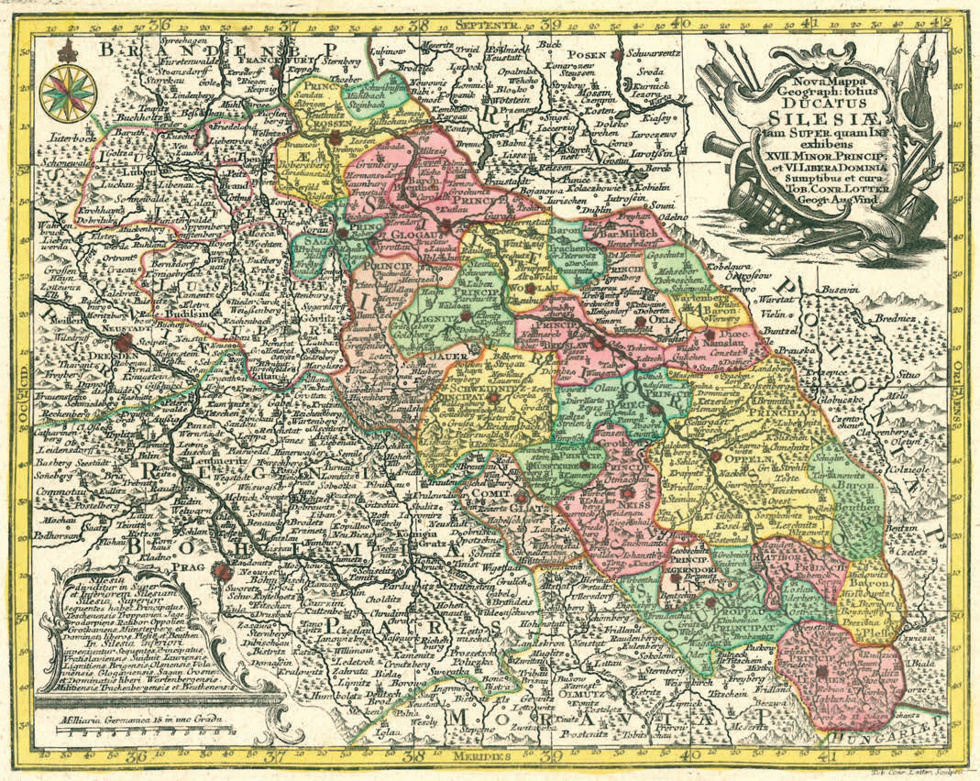 Nova Mappa Ducatus Silesiae tam Super. quam Inf., Kupferstich, T. C. Lotter, Augsburg, 1757