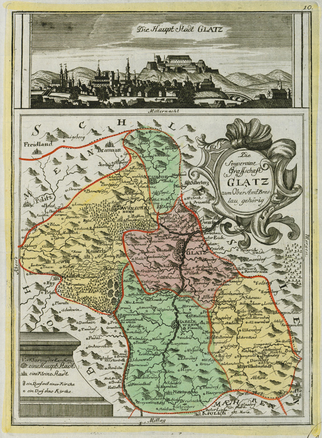 Die souveräne Grafschaft Glatz an der schlesischen Grenze, Kupferstich, Karte von Johann David Schleuen, Vedute von Friedrich Bernhard Werner, Berlin, 1747
