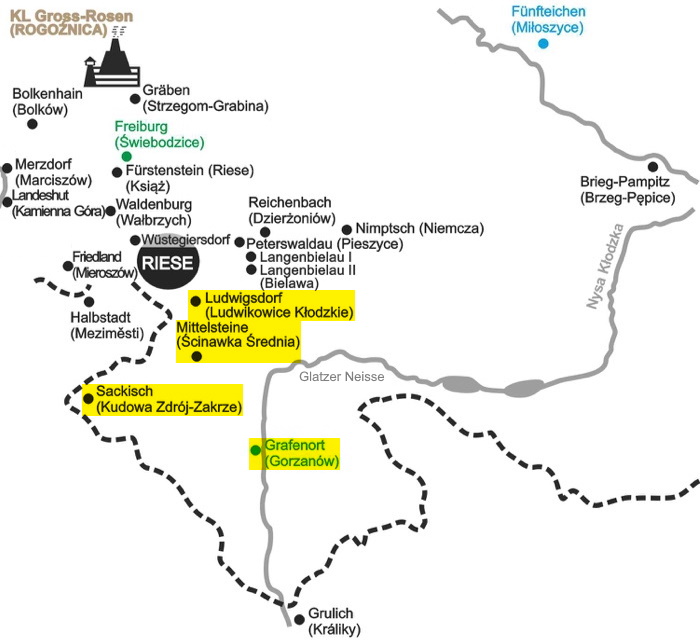 Kartenausschnitt der KZ-Nebenlager in der Grafschaft Glatz