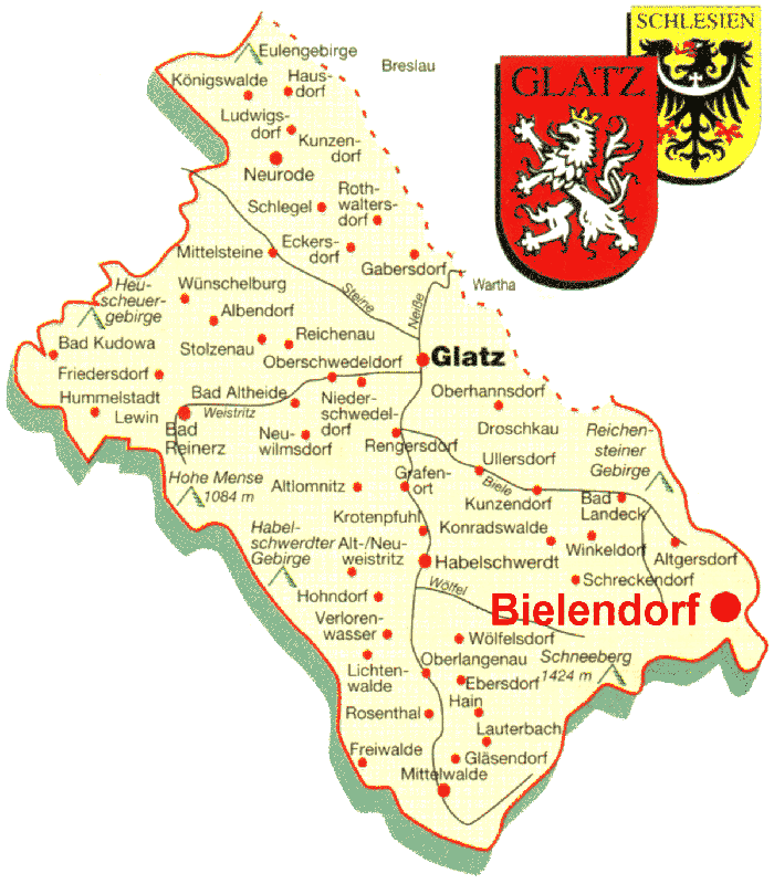 Lage von Bielendorf/Grafschaft Glatz (Schlesien)
