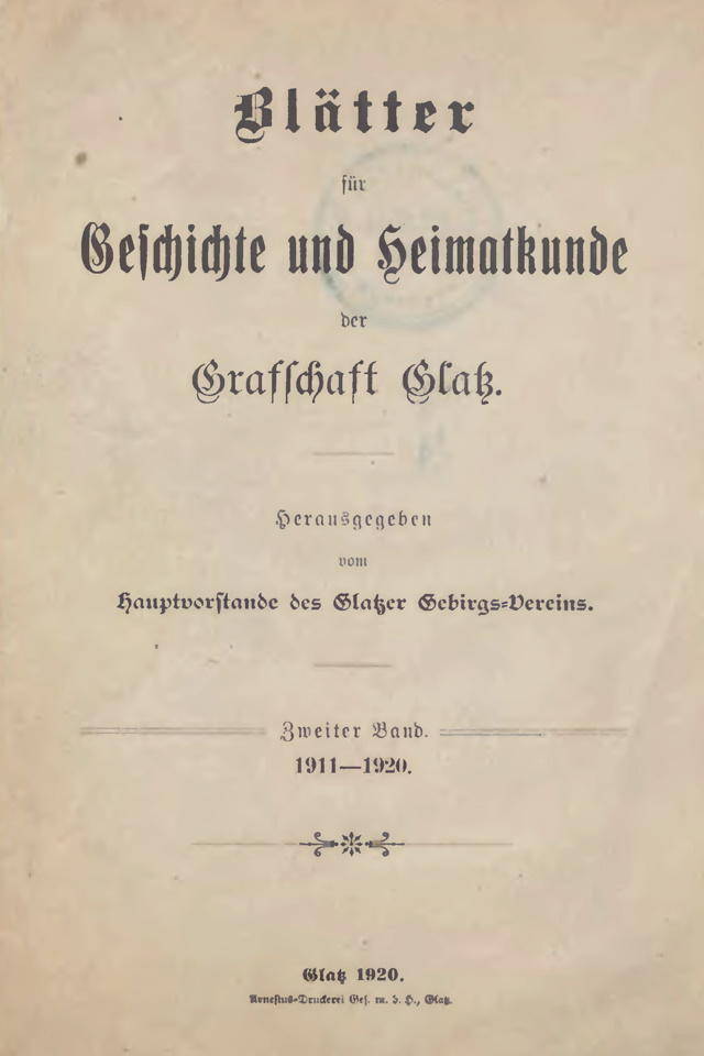 Titelblatt, 2. Band 1911-1920 der „Blätter für Geschichte und Heimat(s)kunde der Grafschaft Glatz“